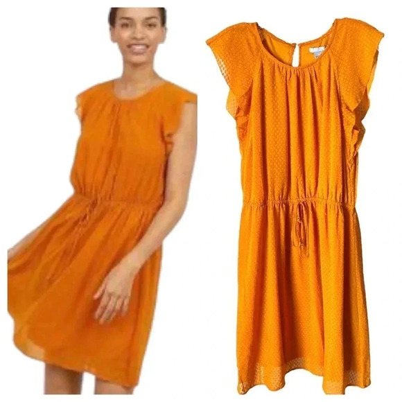 H&M Dresses & Skirts - H&M | Orange Flounce Sleeve Dotted Sheer Dress Size 6 (NWOT)